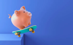 cochon tirelire qui fait du skate sur fond bleu