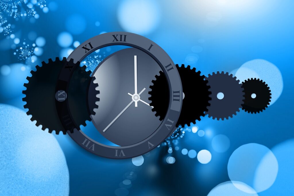 Engrenages et horloges sur fond bleu