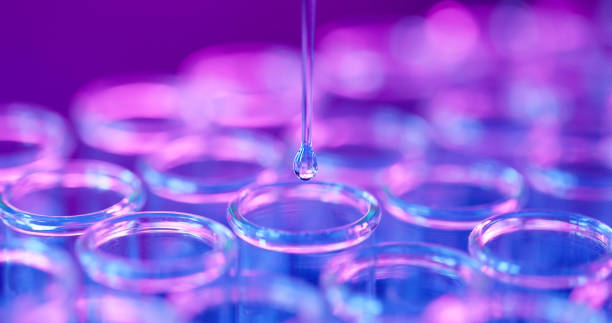 Goutte qui tombe dans un des nombreux tubes à essai